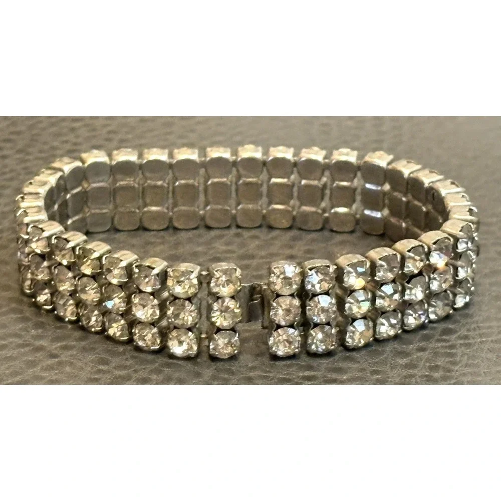VTG Rhinestone Bracelet Silver Tone 3 Rows Art Deco - MCM Era Sparkly